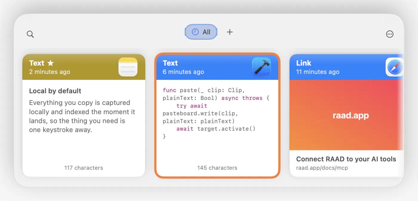 RAAD’s overlay panel showing recent clipboard history — text, code, links, images, colors, and files.