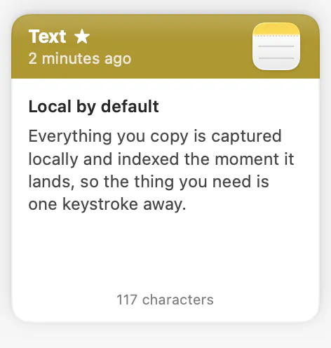 A text clip from Notes, titled “Local by default”, favourited.