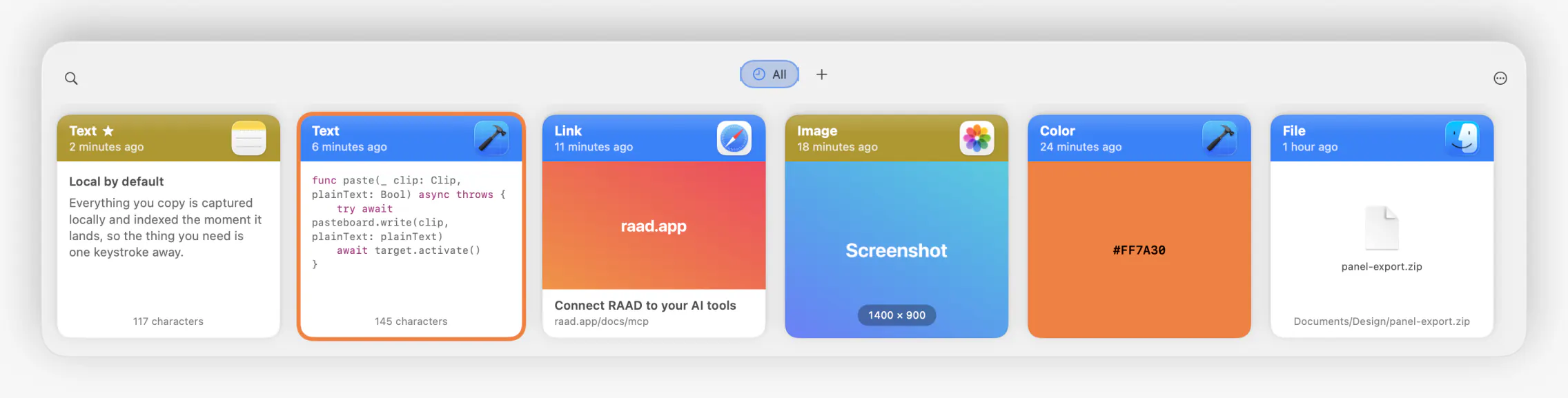 RAAD’s overlay panel showing six clipboard items in one strip: text, code, a link, an image, a color, and a file.