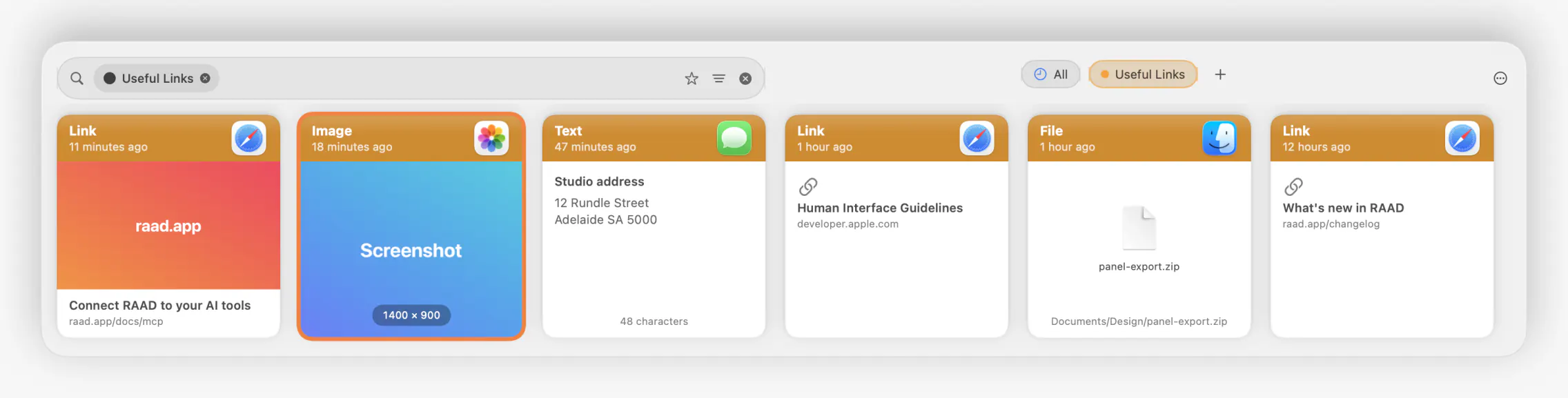 RAAD’s overlay panel filtered to the Useful Links pinboard, with six filed items.
