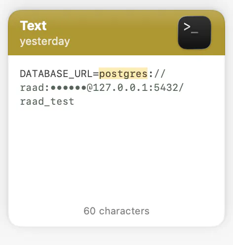 A Terminal clip showing a DATABASE_URL environment line, with “postgres” highlighted.