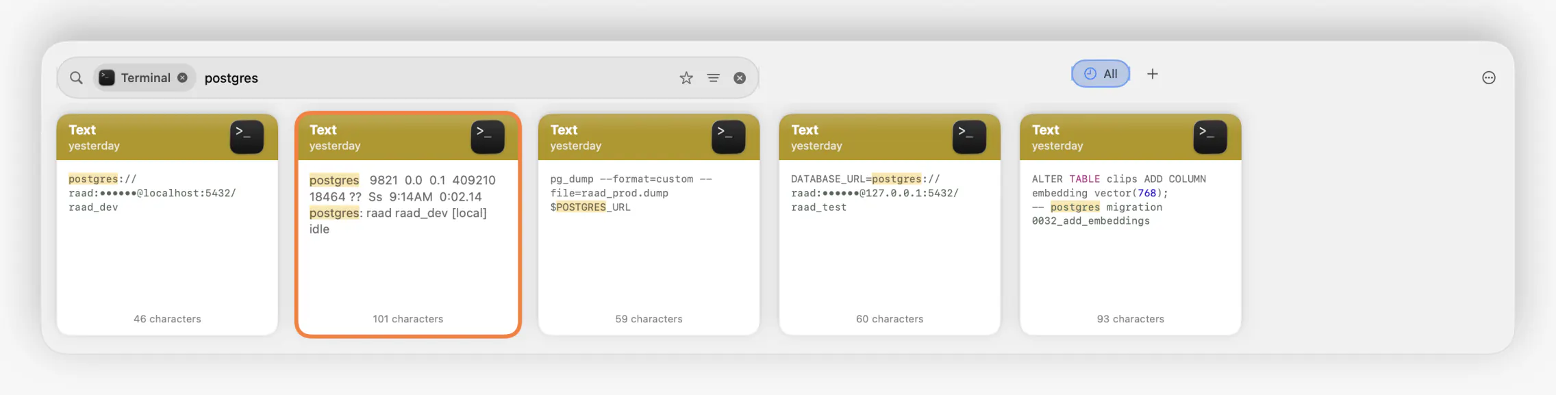 RAAD’s overlay panel filtered to clips from Terminal matching “postgres”, with six result cards.